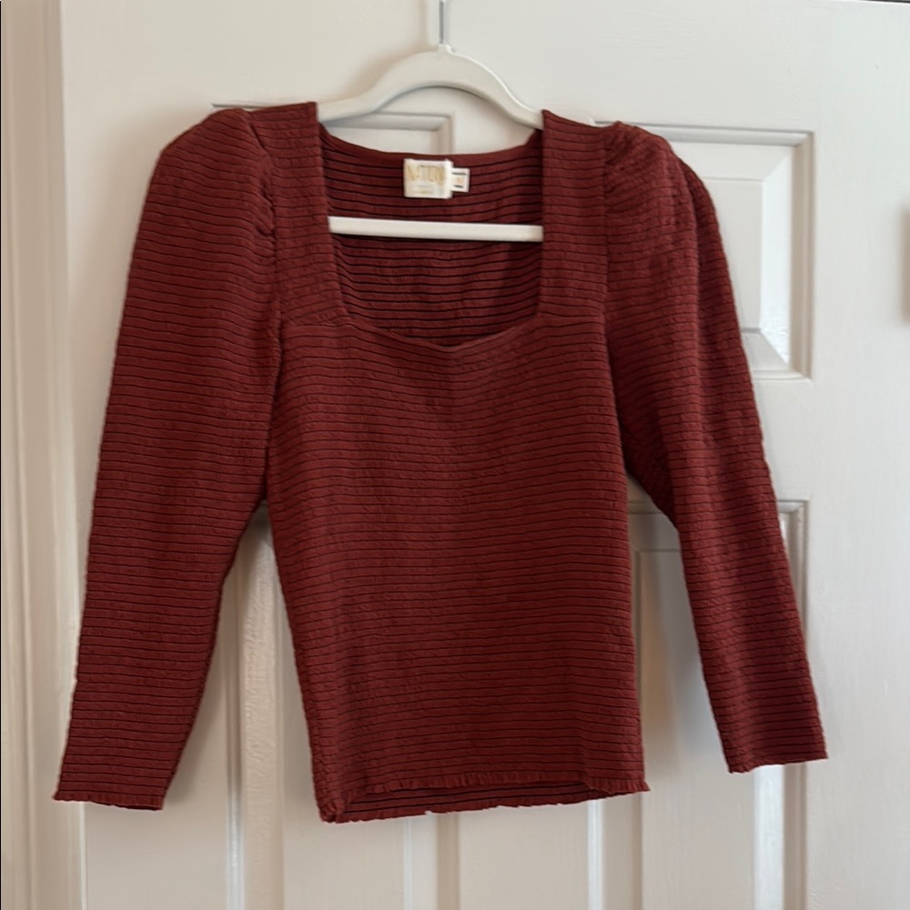 Nation LTD Ribbed Square-Neck Long Sleeve Top - Rust
